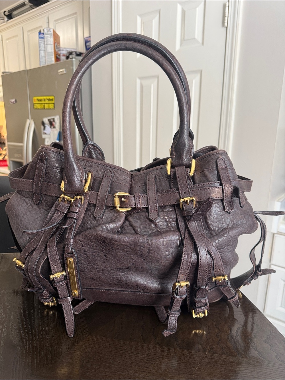Vntage Burberry Rowan Leather Satchel Handbag Dark Brown